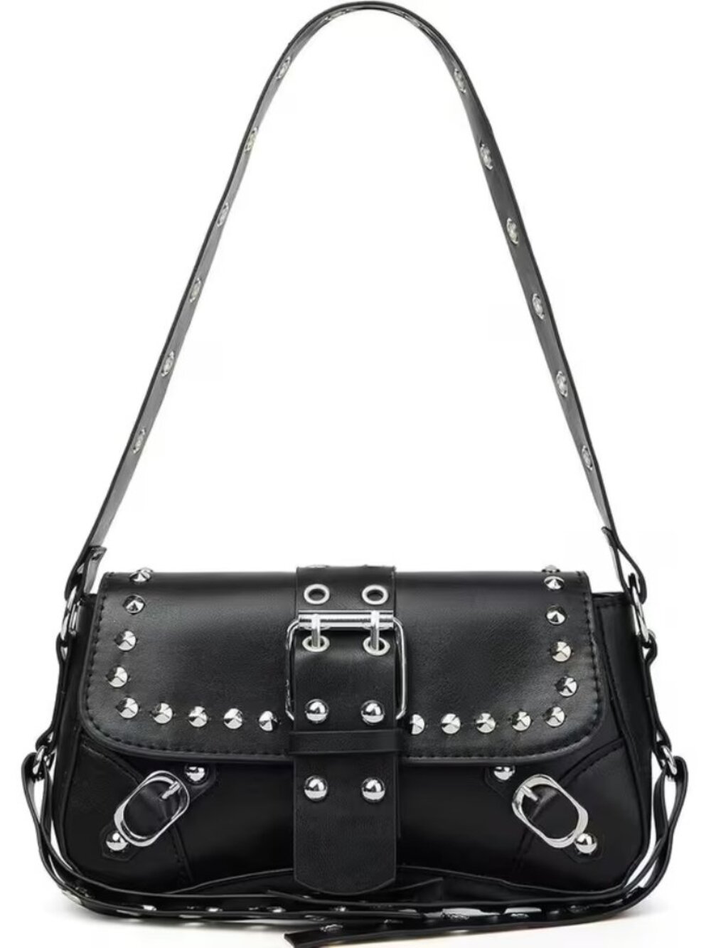Y2K Punk Hobo Clutch Black Studded Shoulder Bag with Buckle Detail